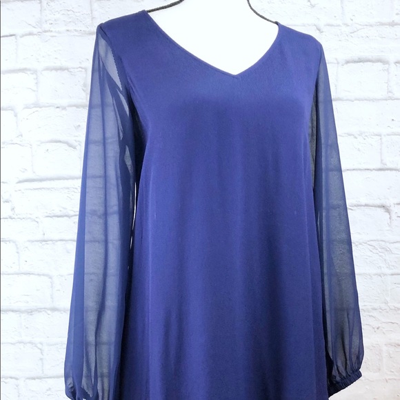 Express Royal Blue Sheer Sleeve Dress - Picture 2 of 8